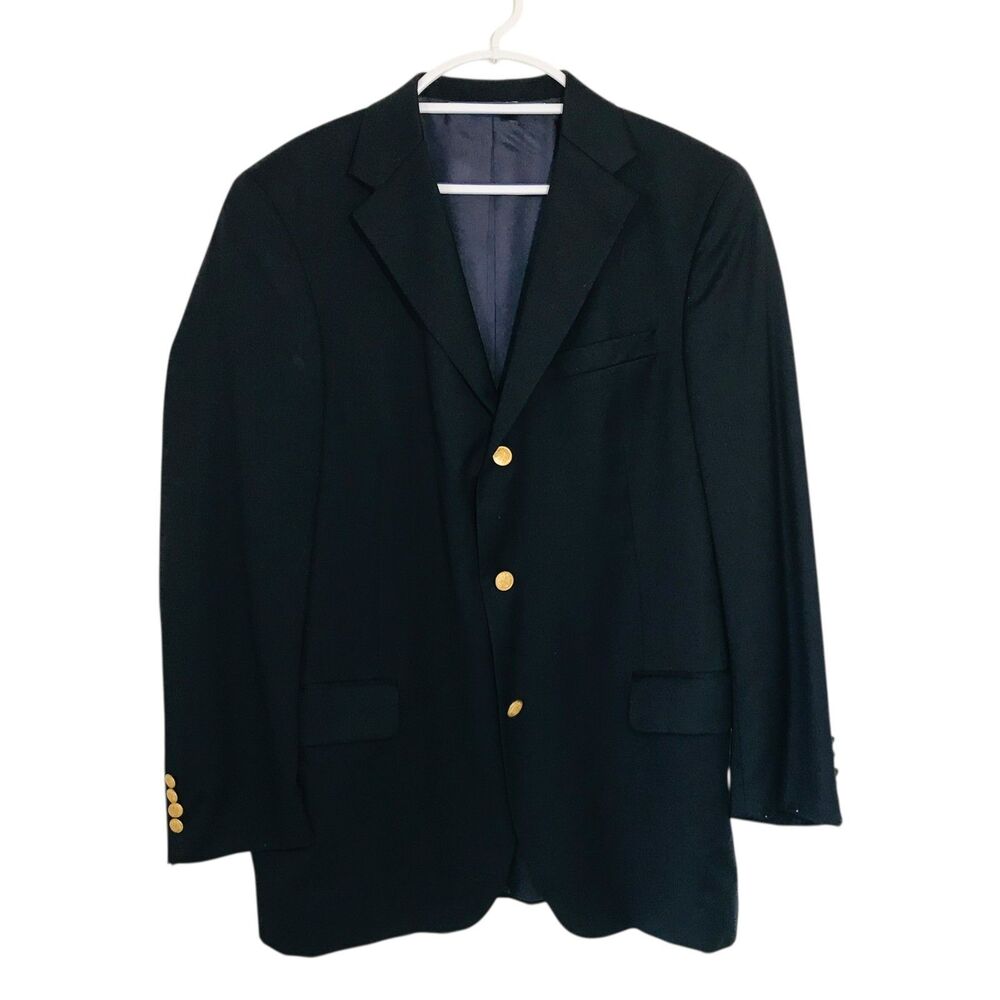 T Harris London Suit Coat Mens 44L Very Dark Blue 100% Wool 3 Button Gold